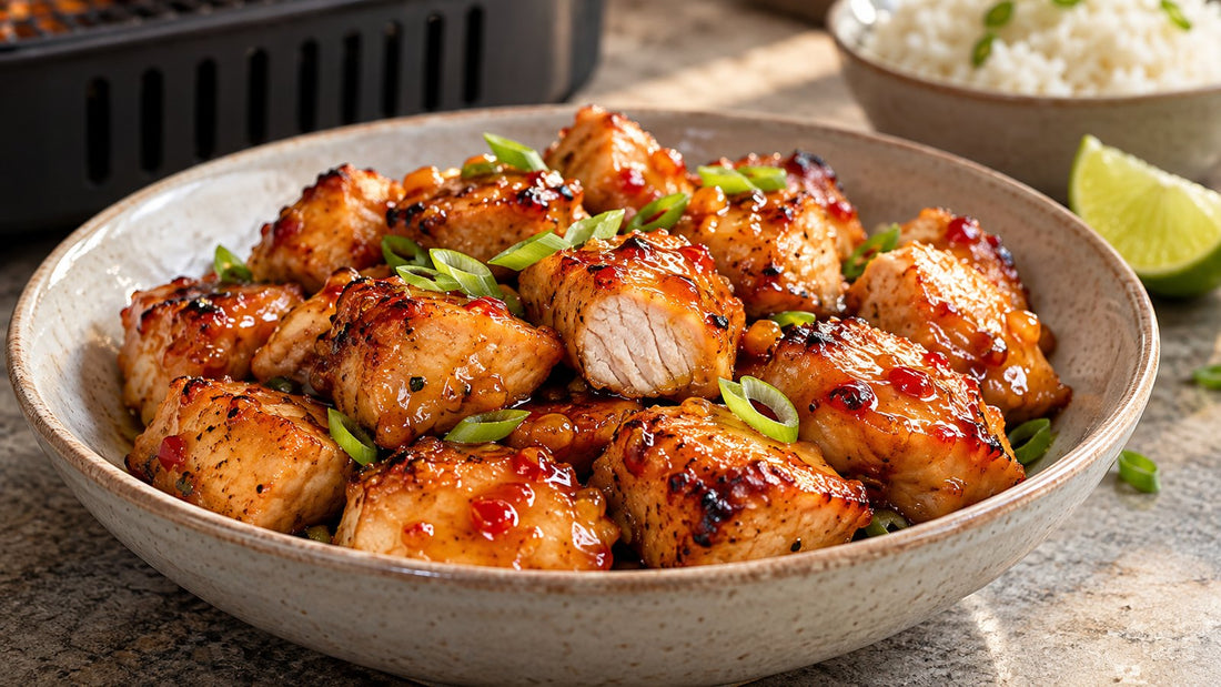 Unbreaded chicken bites coated with a glossy pepper jelly lime sauce