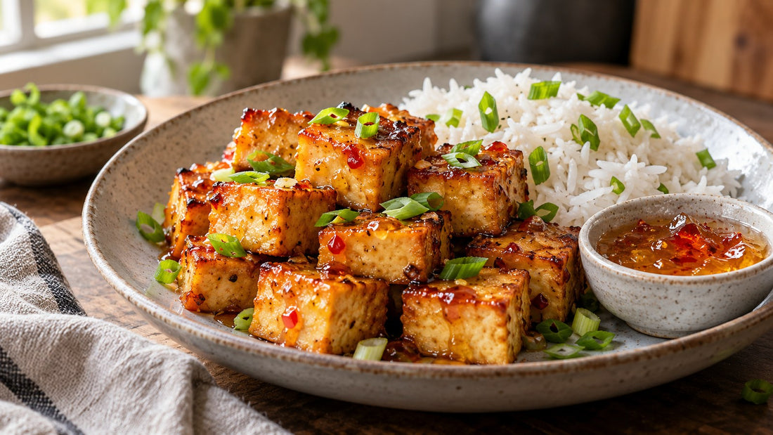 Pepper jelly baked tofu serving idea with a small bowl of pepper-flecked jelly