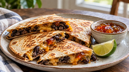 Pepper jelly black bean quesadillas serving idea with pepper-flecked jelly alongside