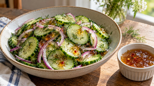 Pepper jelly cucumber salad serving idea with pepper-flecked jelly alongside