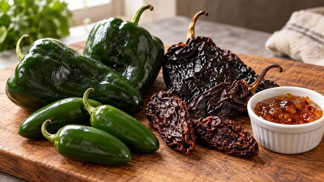 Fresh and dried peppers with pepper jelly