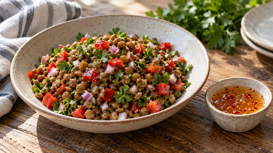 Pepper jelly lentil salad serving idea with pepper-flecked jelly alongside