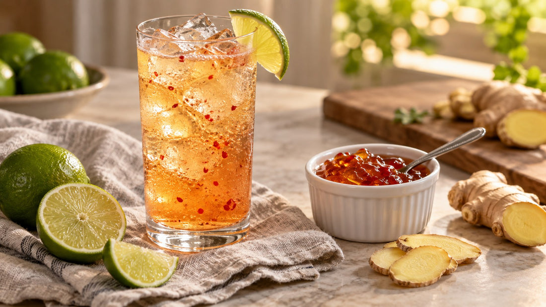 Sparkling pepper jelly lime and ginger mocktail over ice with a lime wedge and a ramekin of jelly