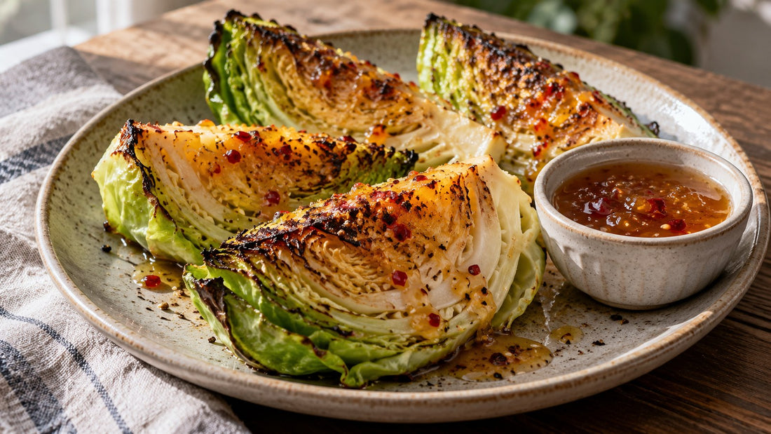 Pepper jelly roasted cabbage wedges serving idea with pepper-flecked jelly alongside
