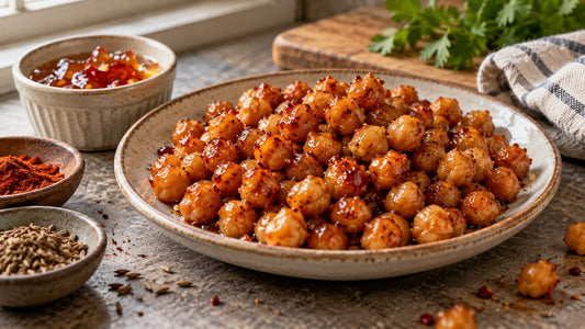 Pepper jelly roasted chickpeas serving idea with a small bowl of pepper-flecked jelly