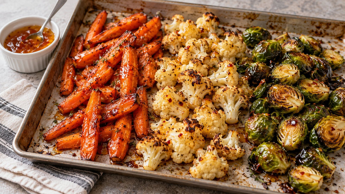 Roasted carrots, cauliflower and Brussels sprouts with a light pepper jelly finish