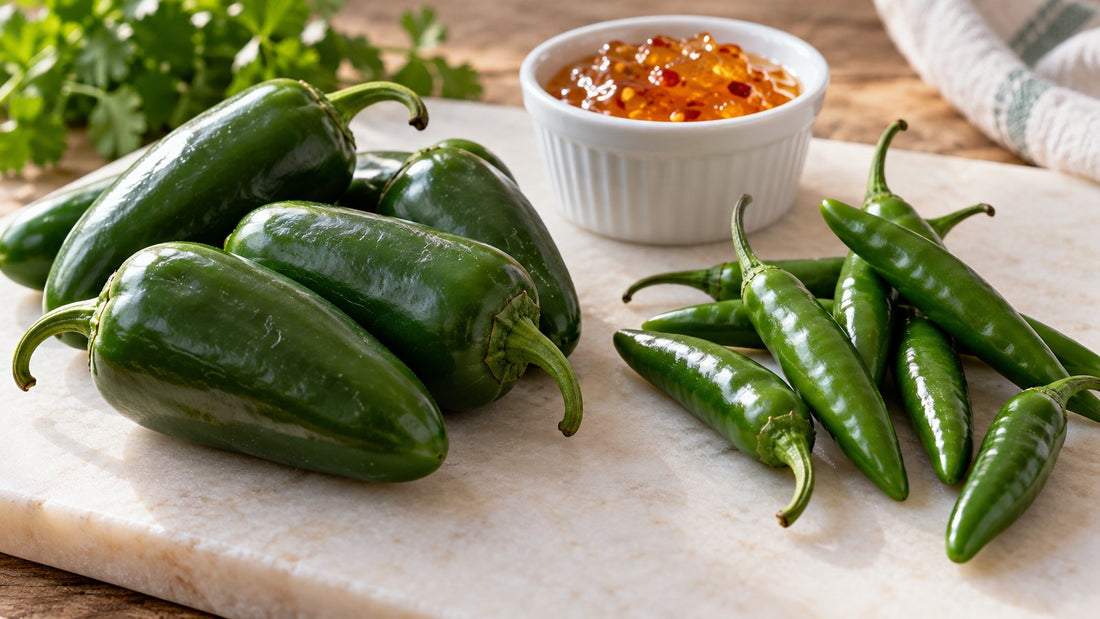 Green jalapeño and serrano peppers beside pepper jelly