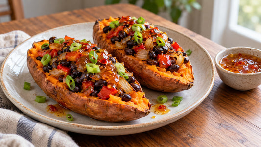 Pepper jelly stuffed sweet potatoes serving idea with pepper-flecked jelly alongside